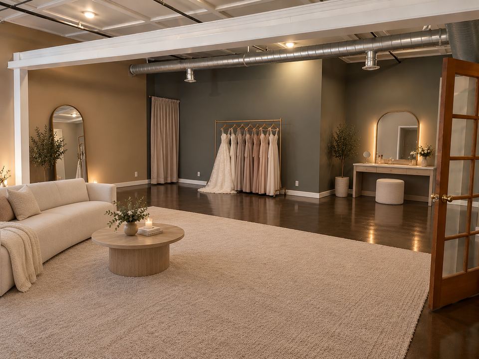 A getting-ready room in the Lounge set with a rack of wedding gowns, a vanity with a lit arched mirror, a white sofa and round table on a cream rug, and an open French door.
