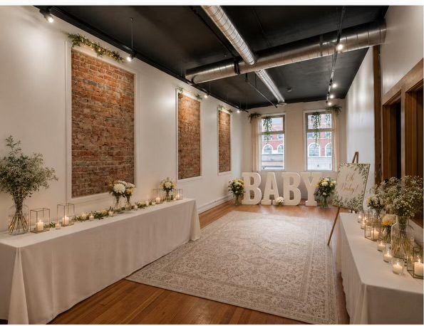 The Suite set for a baby shower: long white tables with candles and flowers, a rug, and BABY letters under the windows.